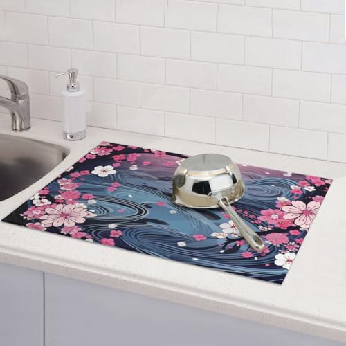 Abtropfmatte für Küchentheke, groß, super saugfähig, Blume, japanischer Stil, Mikrofaser, Abtropfmatte, rutschfeste Küchen-Abtropfmatte für Spülen, Kaffeemaschine, 61 x 46 cm Abtropfmatte für Küchentheke, groß, super saugfähig, Blume, japanischer Stil, Mikrofaser, Abtropfmatte, rutschfeste Küchen-Abtropfmatte für Spülen, Kaffeemaschine, 61 x 46 cm von TRSGKSQP