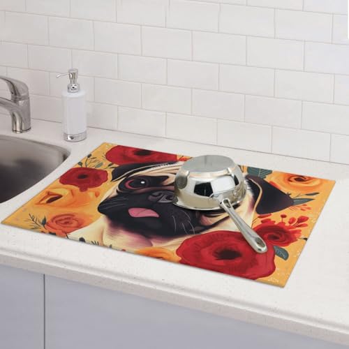 Abtropfmatte für Küchentheke, groß, super saugfähig, Mops, Blume, Mikrofaser, Abtropfmatte, rutschfest, für Spülen, Kaffeemaschine, 61 x 46 cm von TRSGKSQP