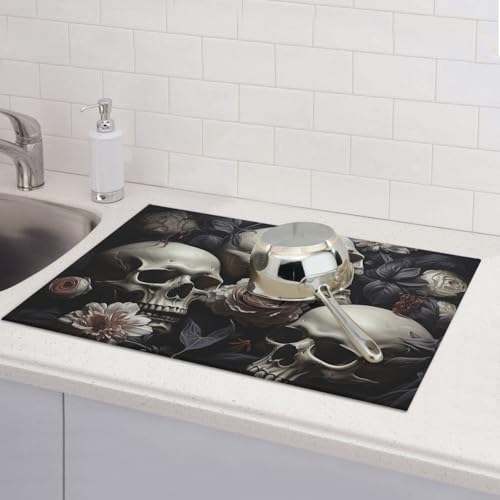 Abtropfmatte für Küchentheke, groß, super saugfähig, Schwarz und Weiß, Blumen und Totenkopf, Mikrofaser, Abtropfmatte, rutschfest, für Spülen, Kaffeemaschine, 61 x 46 cm Abtropfmatte für Küchentheke, groß, super saugfähig, Schwarz und Weiß, Blumen und Totenkopf, Mikrofaser, Abtropfmatte, rutschfest, für Spülen, Kaffeemaschine, 61 x 46 cm von TRSGKSQP