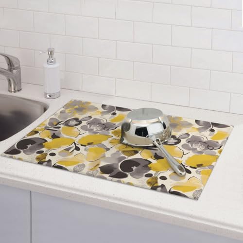 Abtropfmatte für Küchentheke, groß, super saugfähig, gelb-graue Blume, Mikrofaser, Abtropfmatte, rutschfeste Küchen-Abtropfmatte für Spülen, Kaffeemaschine, 61 x 46 cm von TRSGKSQP