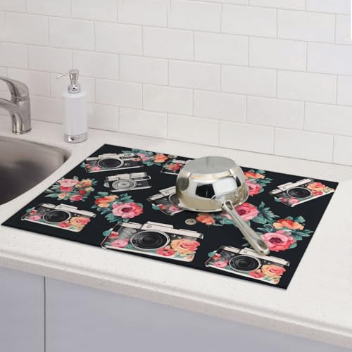 Abtropfmatte für Küchentheke, groß, super saugfähig, mit Blume, Kamera, Mikrofaser, Abtropfmatte, rutschfest, für Spülen, Kaffeemaschine, 61 x 46 cm von TRSGKSQP