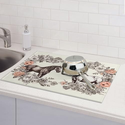 Abtropfmatte für Küchentheke, groß, super saugfähig, mit Blumen und Pferden, handgezeichnete Mikrofaser-Abtropfmatte, rutschfeste Abtropfmatte für Spülen, Kaffeemaschine, 61 x 46 cm von TRSGKSQP