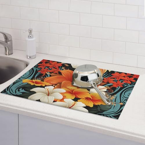 Abtropfmatte für Küchentheke, groß, super saugfähig, mit Blumen und hawaiianischem Stammesmuster, Mikrofaser, Abtropfmatte, rutschfeste Küchen-Trockenmatte für Spülen, Kaffeemaschine, 61 x 46 cm von TRSGKSQP