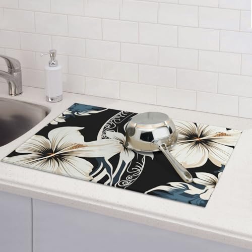 Abtropfmatte für Küchentheke, groß, super saugfähig, schwarz und weiß, hawaiianische Blumen, Mikrofaser, Abtropfmatte, rutschfeste Küchen-Abtropfmatte für Spülen, Kaffeemaschine, 61 x 46 cm von TRSGKSQP