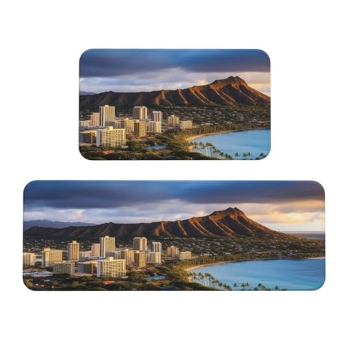 Hawaii Skyline Rautenkopf Vulkan-Küchenmatten für Boden, Küchenteppiche, 2er-Set, rutschfeste gepolsterte Bodenmatte, Teppich, saugfähig, waschbar, Läufer, Stehmatte für Waschtisch, 43 x 75 cm + 43 x Hawaii Skyline Rautenkopf Vulkan-Küchenmatten für Boden, Küchenteppiche, 2er-Set, rutschfeste gepolsterte Bodenmatte, Teppich, saugfähig, waschbar, Läufer, Stehmatte für Waschtisch, 43 x 75 cm + 43 x von TRSGKSQP