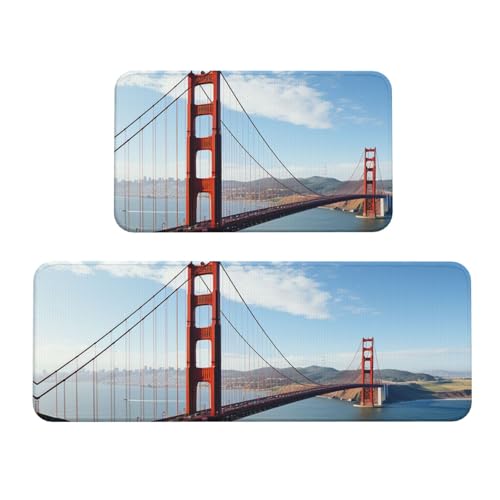 San Francisco Golden Gate Bridge Küchenmatten für Boden, Küchenteppiche, 2er-Set, rutschfeste gepolsterte Bodenmatte, Teppich, saugfähig, waschbar, Läufer, Stehmatte für Waschtisch, 43 x 75 cm + 43 x von TRSGKSQP