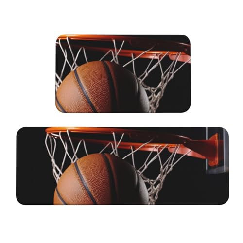 TRSGKSQP Basketball-Küchenmatten für Boden, Küchenteppiche, 2er-Set, rutschfeste gepolsterte Bodenmatte, Teppich, saugfähig, waschbar, Läufer, Stehmatte für Waschtisch, 43 x 75 cm + 43 x 120 cm von TRSGKSQP