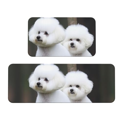 TRSGKSQP Bichon Frisé-Küchenmatten für Boden, Küchenteppich, rutschfest, gepolstert, saugfähig, waschbar, Läufer, Stehmatte für Waschtisch, 43 x 75 cm + 43 x 120 cm, 2 Stück von TRSGKSQP
