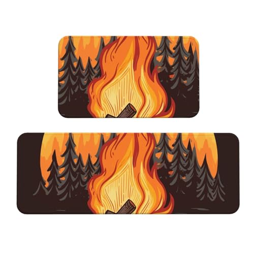 TRSGKSQP Bonfire Küchenmatten für Boden, Küchenteppiche, 2er-Set, rutschfeste gepolsterte Bodenmatte, Teppich, saugfähig, waschbar, Läufer, Stehmatte für Waschtisch, 43 x 75 cm + 43 x 120 cm von TRSGKSQP