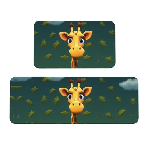 TRSGKSQP Cartoon-Giraffen-Küchenmatten für Boden, Küchenteppiche, 2er-Set, rutschfeste gepolsterte Bodenmatte, Teppich, saugfähig, waschbar, Läufer, Stehmatte für Waschtisch, 43 x 75 cm + 43 x 120 cm von TRSGKSQP