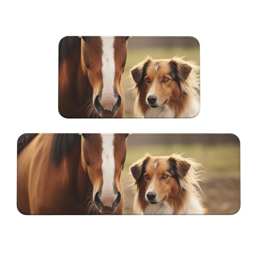 TRSGKSQP Collie Küchenmatten mit Hund und Pferd zusammen für Boden, Küchenteppiche, 2er-Set, rutschfeste gepolsterte Bodenmatte, Teppich, saugfähig, waschbar, Läufer, Stehmatte für Waschtisch, 43 x 75 von TRSGKSQP