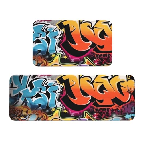 TRSGKSQP Graffiti Hip Hop Küchenmatten für Boden, Küchenteppiche, 2er-Set, rutschfeste gepolsterte Bodenmatte, Teppich, saugfähig, waschbar, Läufer, Stehmatte für Waschtisch, 43 x 75 cm + 43 x 120 cm TRSGKSQP Graffiti Hip Hop Küchenmatten für Boden, Küchenteppiche, 2er-Set, rutschfeste gepolsterte Bodenmatte, Teppich, saugfähig, waschbar, Läufer, Stehmatte für Waschtisch, 43 x 75 cm + 43 x 120 cm von TRSGKSQP