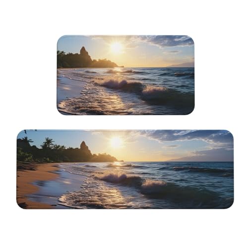 TRSGKSQP Küchenmatten mit Strandansicht für Boden, Küchenteppiche, 2er-Set, rutschfest, gepolstert, saugfähig, waschbar, Läufer, Stehmatte für Waschtisch, 43 x 75 cm + 43 x 120 cm von TRSGKSQP