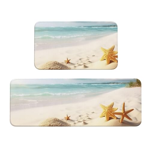 TRSGKSQP Küchenmatten mit Strandmotiv für Boden, Küchenteppiche, 2er-Set, rutschfest, gepolstert, saugfähig, waschbar, Läufer, Stehmatte für Waschtisch, 43 x 75 cm + 43 x 120 cm von TRSGKSQP