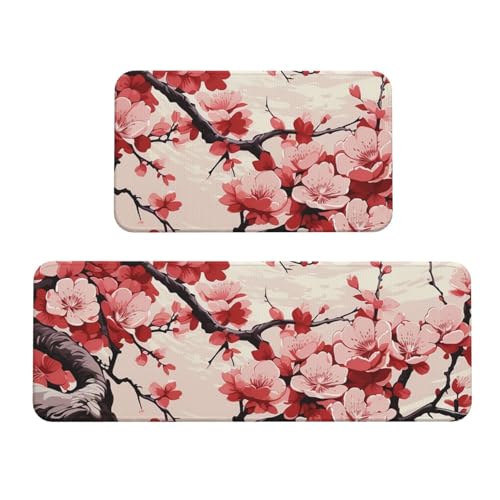 TRSGKSQP Küchenmatten mit japanischem Blumenmuster und Kirschblüten, 2er-Set, rutschfest, gepolstert, saugfähig, waschbar, Läufer, Stehmatte für Waschtisch, 43 x 75 cm + 43 x 120 cm von TRSGKSQP
