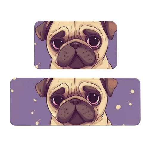 TRSGKSQP Lustige Cartoon-Mops-Welpen-Hunde-Küchenmatten für Boden, Küchenteppich, rutschfest, gepolstert, Bodenmatte, Teppich, saugfähig, waschbar, Läufer, Stehmatte für Waschtisch, 43 x 75 cm + 43 x von TRSGKSQP