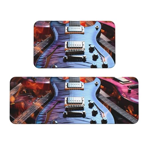 TRSGKSQP Magic Elektrische Gitarren-Musik-Küchenmatten für Boden, Küchenteppiche, 2er-Set, rutschfeste gepolsterte Bodenmatte, Teppich, saugfähig, waschbar, Läufer, Stehmatte für Waschtisch, 43 x 75 von TRSGKSQP