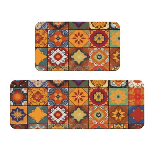 TRSGKSQP Marokkanische geometrische Küchenmatten für Boden, Küchenteppiche, 2er-Set, rutschfest, gepolstert, saugfähig, waschbar, Läufer, Stehmatte für Waschtisch, 43 x 75 cm + 43 x 120 cm von TRSGKSQP