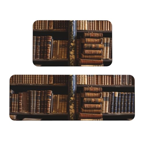 TRSGKSQP Old Books in Library Küchenmatten für Boden, Küchenteppiche, 2er-Set, rutschfest, gepolstert, saugfähig, waschbar, Läufer, Stehmatte für Waschtisch, 43 x 75 cm + 43 x 120 cm von TRSGKSQP