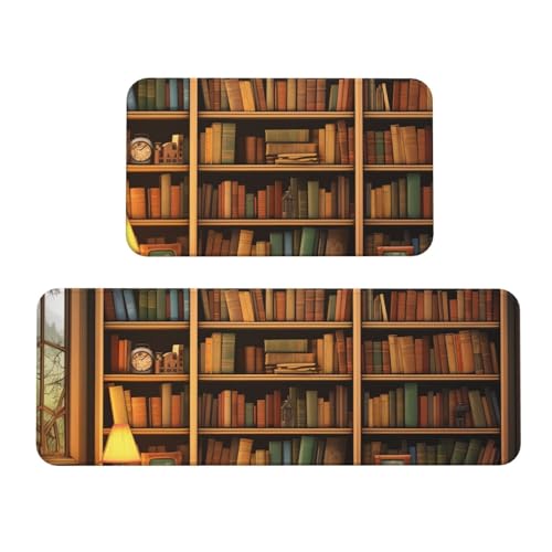 TRSGKSQP Retro-Bücherregal-Küchenmatten für Boden, Küchenteppiche, 2er-Set, rutschfest, gepolstert, saugfähig, waschbar, Läufer, Stehmatte für Waschtisch, 43 x 75 cm + 43 x 120 cm TRSGKSQP Retro-Bücherregal-Küchenmatten für Boden, Küchenteppiche, 2er-Set, rutschfest, gepolstert, saugfähig, waschbar, Läufer, Stehmatte für Waschtisch, 43 x 75 cm + 43 x 120 cm von TRSGKSQP