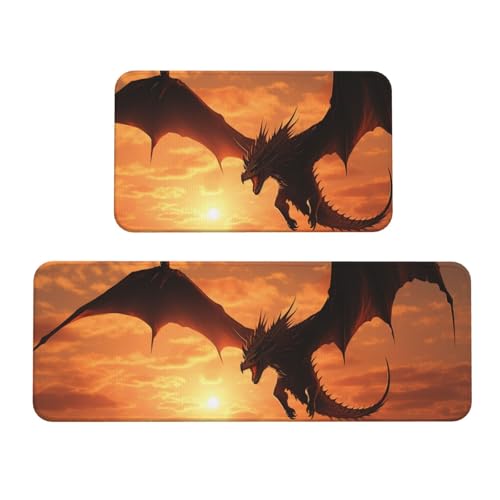 TRSGKSQP Sea Sunset Flying Dragon Küchenmatten für Boden, Küchenteppiche, 2er-Set, rutschfeste gepolsterte Bodenmatte, Teppich, saugfähig, waschbar, Läufer, Stehmatte für Waschtisch, 43 x 75 cm + 43 x von TRSGKSQP