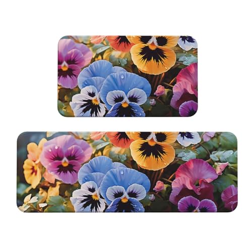 TRSGKSQP Stiefmütterchen-Blumen-Küchenmatten für Boden, Küchenteppiche, 2er-Set, rutschfest, gepolstert, Bodenmatte, Teppich, saugfähig, waschbar, Läufer, Stehmatte für Waschtisch, 43 x 75 cm + 43 x TRSGKSQP Stiefmütterchen-Blumen-Küchenmatten für Boden, Küchenteppiche, 2er-Set, rutschfest, gepolstert, Bodenmatte, Teppich, saugfähig, waschbar, Läufer, Stehmatte für Waschtisch, 43 x 75 cm + 43 x von TRSGKSQP