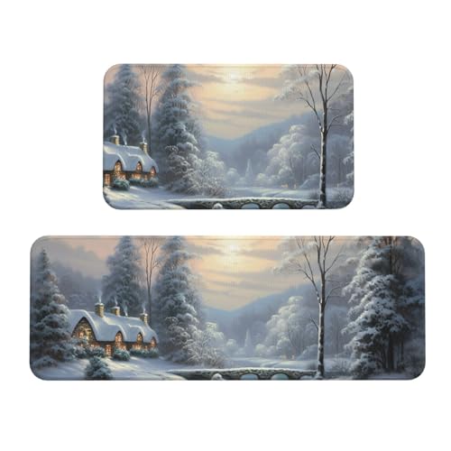 TRSGKSQP Winter-Schneeszen-Küchenmatten für Boden, Küchenteppiche, 2er-Set, rutschfeste gepolsterte Bodenmatte, Teppich, saugfähig, waschbar, Läufer, Stehmatte für Waschtisch, 43 x 75 cm + 43 x 120 cm von TRSGKSQP