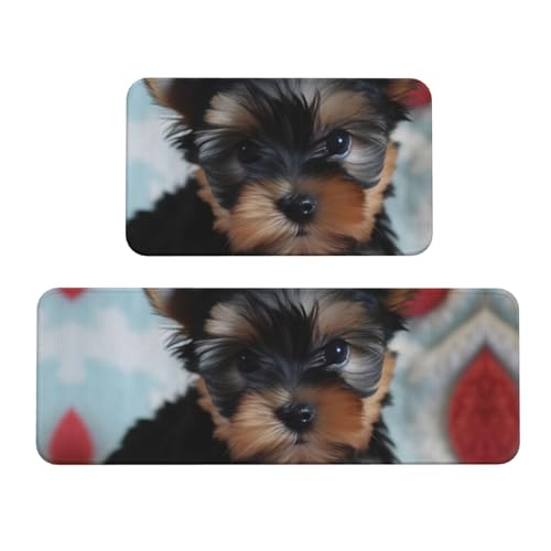 TRSGKSQP Yorkie Puppy Küchenmatten für Boden, Küchenteppiche, 2er-Set, rutschfest, gepolstert, saugfähig, waschbar, Läufer, Stehmatte für Waschtisch, 43 x 75 cm + 43 x 120 cm von TRSGKSQP