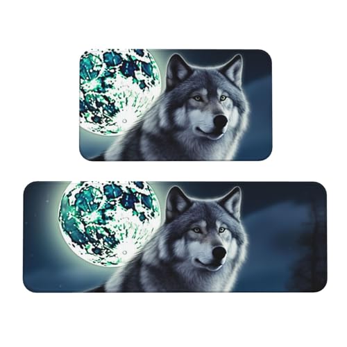 TRSGKSQP wolf under moon Küchenmatten für Boden, Küchenteppiche, 2er-Set, rutschfeste gepolsterte Bodenmatte, Teppich, saugfähig, waschbar, Läufer, Stehmatte für Waschtisch, 43 x 75 cm + 43 x 120 cm von TRSGKSQP