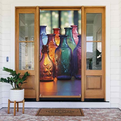 Türabdeckung mit Aufschrift "Welcome Spring", großes Banner zum Aufhängen, bunte Glasflasche, Willkommensveranda-Schild, französische Privatsphäre, Fenstervorhänge, Fotografie-Hintergrund, saisonale von TRSGKSQP