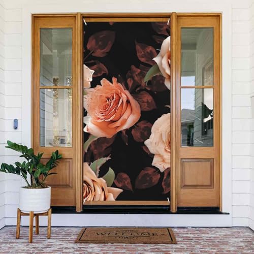 Welcome Spring Door Cover Large Hanging Banner Black Peach Rose Welcome Porch Sign French Privacy Door Window Curtains Photography Background Seasonal Outdoor Decoration von TRSGKSQP