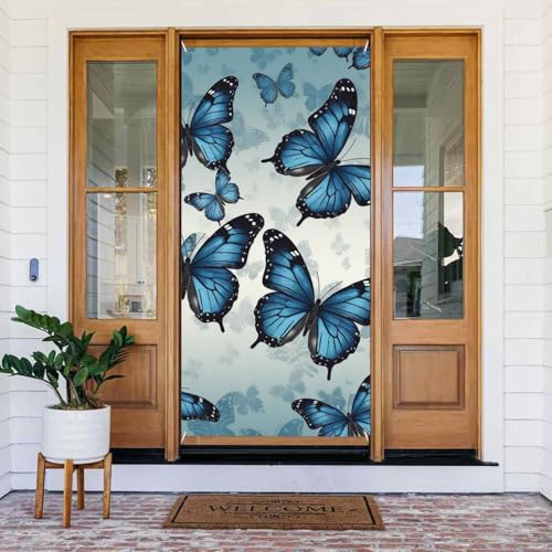 Welcome Spring Door Cover Large Hanging Banner Blue Butterfly Welcome Porch Sign French Privacy Door Window Curtains Photography Background Seasonal Outdoor Decoration von TRSGKSQP