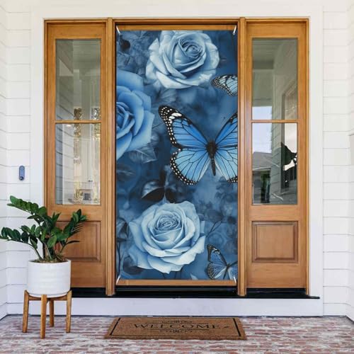 Welcome Spring Door Cover Large Hanging Banner Blue Rose Welcome Porch Sign French Privacy Door Window Curtains Photography Background Seasonal Outdoor Decoration von TRSGKSQP