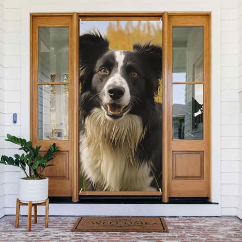 Welcome Spring Door Cover Large Hanging Banner Mohado Border Collie Dog Welcome Veranda Sign French Privacy Door Window Curtains Photography Background Seasonal Outdoor Decoration von TRSGKSQP