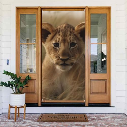 Welcome Spring Door Cover Large Hanging Banner The Waiting Lion Cub Welcome Porch Sign French Privacy Door Window Curtains Photography Background Seasonal Outdoor Decoration von TRSGKSQP