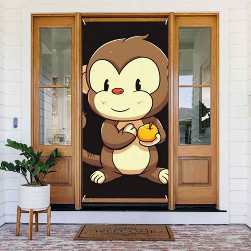 Willkommen Frühling Türabdeckung Großes Hängendes Banner Cartoon Affe hält Obst Willkommen Veranda Schild Französische Privatsphäre Tür Fenster Vorhänge Fotografie Hintergrund Saisonale von TRSGKSQP