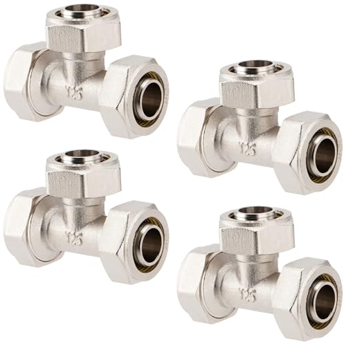 TRUCFUSION 1,9 cm Luftleitungsverschraubung, T-Schnellluftsystem-Set, 200 PSI, vernickeltes Messing mit doppeltem O-Ring für Druckluft-Rohrleitungssystem (4 Stück) von TRUCFUSION