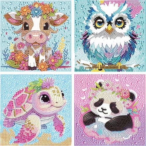 TRUEIN 4 Stück Diamant Painting Bilder, 15 x 15 cm/5.9 x 5.9 in 5D Diamant Painting, Tiere, DIY Mosaikherstellung für Kinder ab 4 - 10 Jahre, nicht zusammenklappbar von TRUEIN