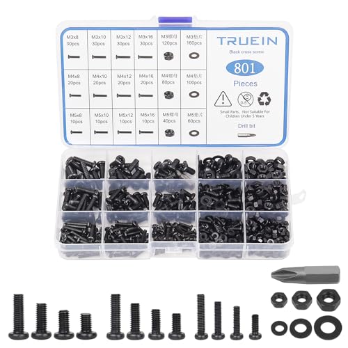 TRUEIN M3 M4 M5 Selbstschneidende Schrauben, 801 Stück Kreuzkopf Schrauben Muttern Sortiment Kit Flachkopfschrauben Schrauben und Muttern Unterlegscheiben Set mit Schraubendreher für Den Heimgebrauch von TRUEIN
