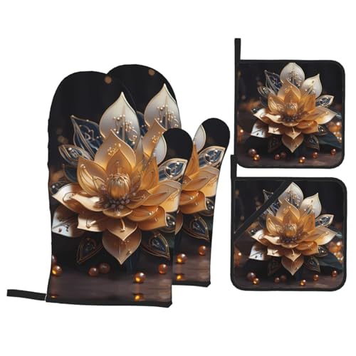 Trukd Ofenhandschuhe mit Lotusblumen-Motiv, 2 Handschuhe und 2 Topflappen, Küche, Mikrowelle, Grill, Hitzebeständig, Weiß von TRUKD