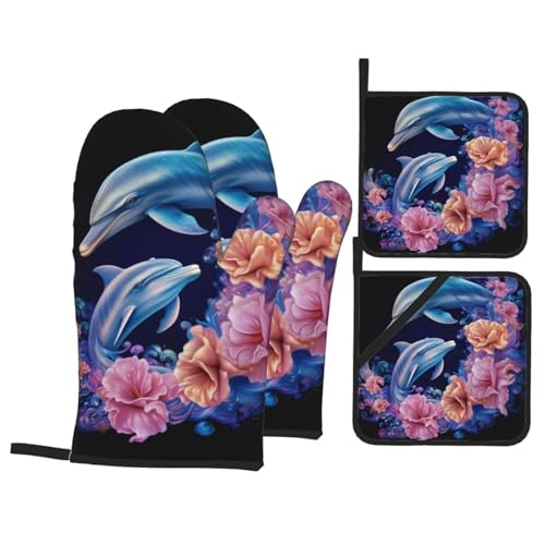 Trukd Ofenhandschuhe mit blauen Delfinen und rosa Blumen, 2 Handschuhe und 2 Topflappen, Küche, Mikrowelle, Grill, hitzebeständig von TRUKD