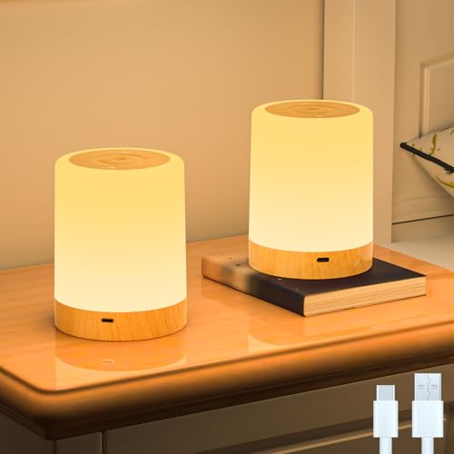 TRUMPETS LED Nachttischlampe Touch Dimmbar mit RGB Farben & 4 Modi, Holzmaserung Nachtlicht USB Aufladbar, Tischlampe mit Timing Funktion Baby Nachtlicht für Schlafzimmer Wohnzimmer von TRUMPETS