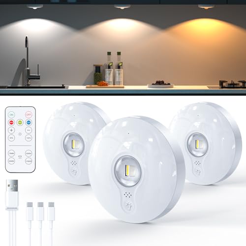 USB Aufladbar Led Spot Akku mit Fernbedienung,Vitrinenbeleuchtung LED Kabellos mit Timer Funktion,Unterbauleuchte,Schrankbeleuchtung,Magnetisch Licht mit Speicherfunktion (3-Farbe, weiß | 3 Stk) von TRUMPETS
