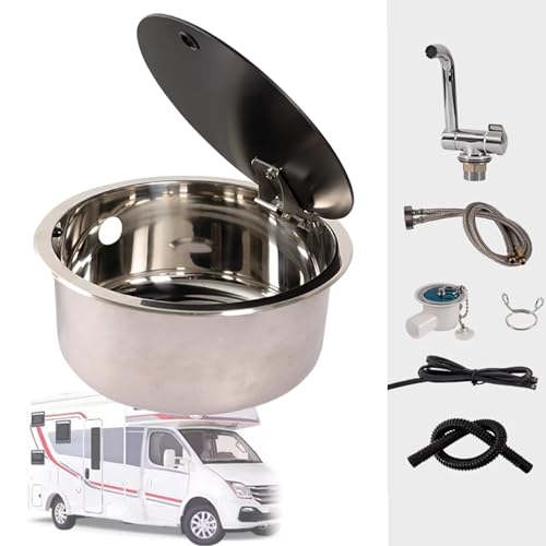 TRUNXUCL Camping Wohnmobil Reisemobil Spüle mit klappbarem Wasserhahn und Deckel, Camper-Einbauwaschbecken aus Edelstahl, Handwaschbecken-Set für Wohnwagen, Yacht, Küche, Bar (Color : Round) von TRUNXUCL