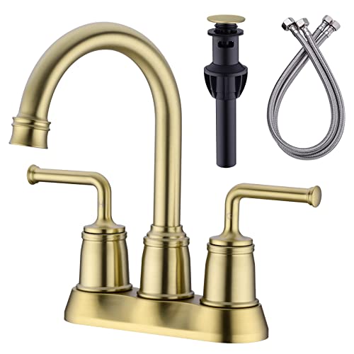 TRUSTMI 10,2 cm (4 Zoll) Zentrum Badezimmer Wasserhahn in gebürstetem Gold Kommerzielle 2 Griffe 3 Loch Waschtisch Waschbecken Mischbatterie Wasserhahn mit Ablauf und Schlauch von TRUSTMI