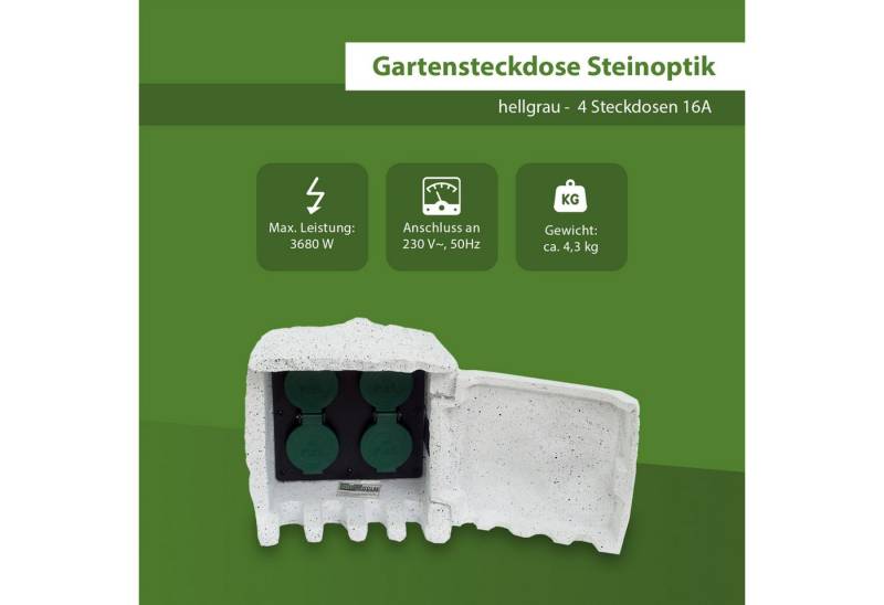 TRUTZHOLM Gartensteckdose Außensteckdose Stein hellgrau 4 fach 2m Steckdose Gartensteckdose, Produkt, 1-St., 5n Kabel,Magnet Verschluss von TRUTZHOLM