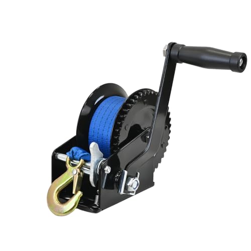 TRUTZHOLM Gurtwinde 540 kg / 1200 lbs Polyestergurt Gurtlänge 10 m Gurtbreite 5 cm Lasthaken mit Sicherheitsbügel Sperrhebel 21 cm Handkurbel ergonomisch Bootswinde Handwinde von TRUTZHOLM