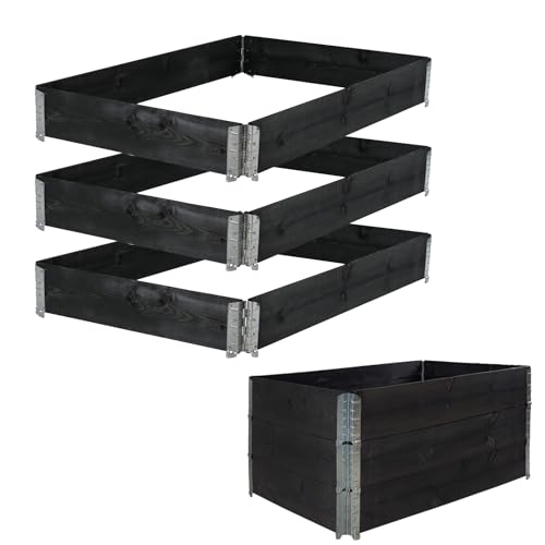 TRUTZHOLM Hochbeet aus Holz 120x80x60 cm Palettenrahmen 3-teilig stapelbar steckbar faltbar Pflanzbeet Beeteinfassung Holzrahmen Aufsatzrahmen für Europalette Garten Balkon Terrasse in Schwarz von TRUTZHOLM