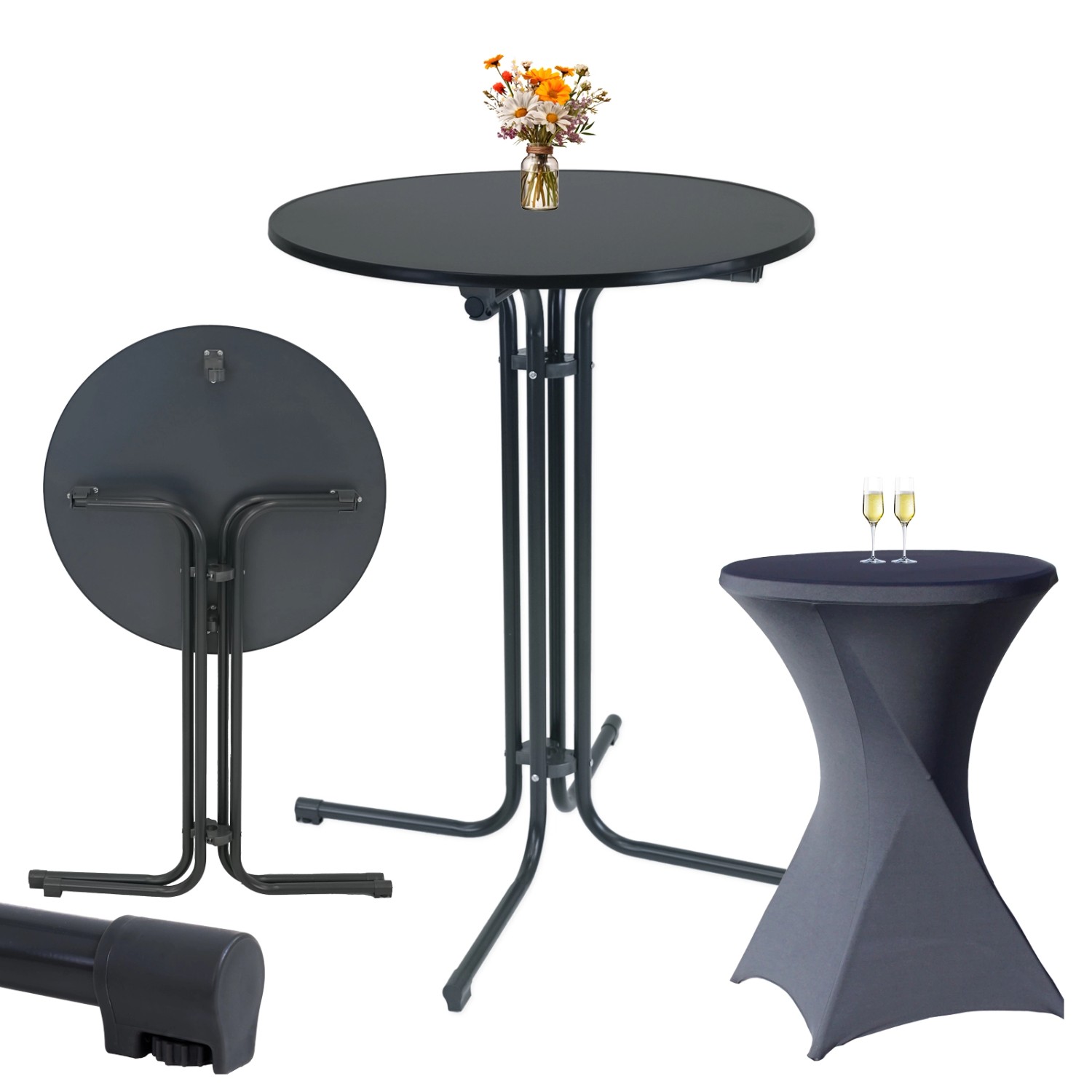 TRUTZHOLM Set Stehtisch Klappbar Durchmesser 80 cm Anthrazit Und Husse Waschbar Bügelfrei Anthrazit von TRUTZHOLM