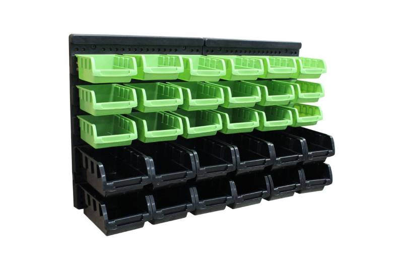 TRUTZHOLM Stapelbox 32tlg Stapelboxen mit Wandregal Set für Werkstatt Lager Schraubenbox, Schütten zum Beschriften von TRUTZHOLM